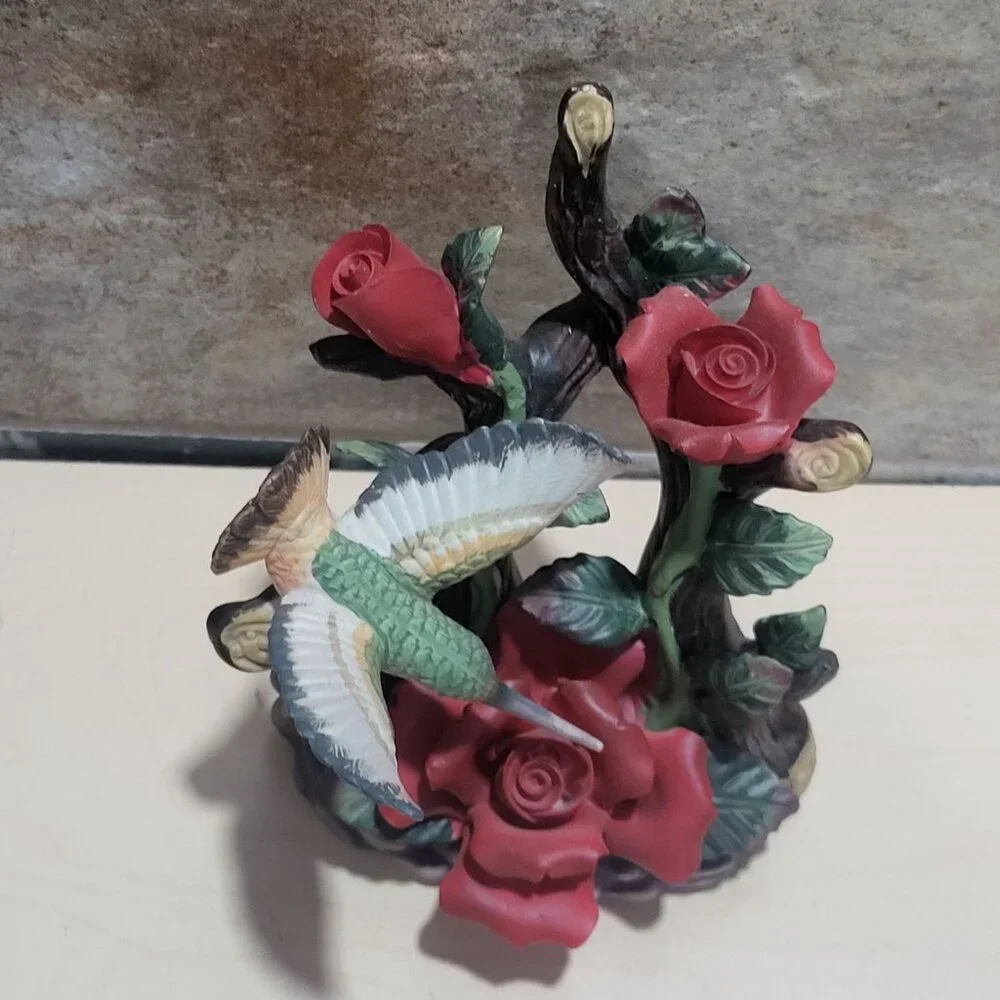 Vintage Porcelain Hummingbird with Sculptured Red Roses Highly Detailed Figurine